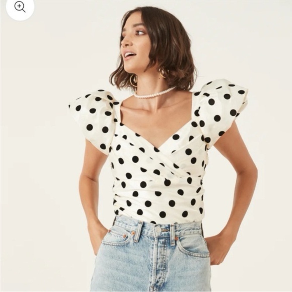 LPA Polka Dot Puff Sleeve Satin Top L